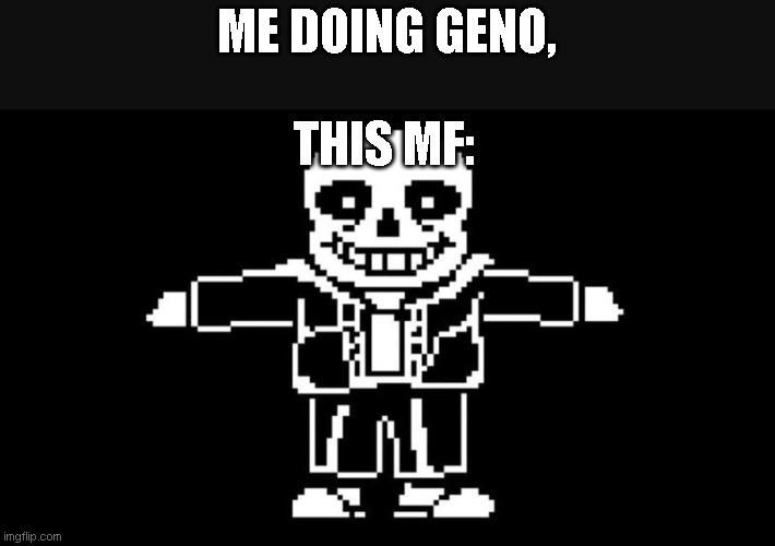 plz dont killl me | ME DOING GENO, THIS MF: | image tagged in t pose sans,undertale | made w/ Imgflip meme maker