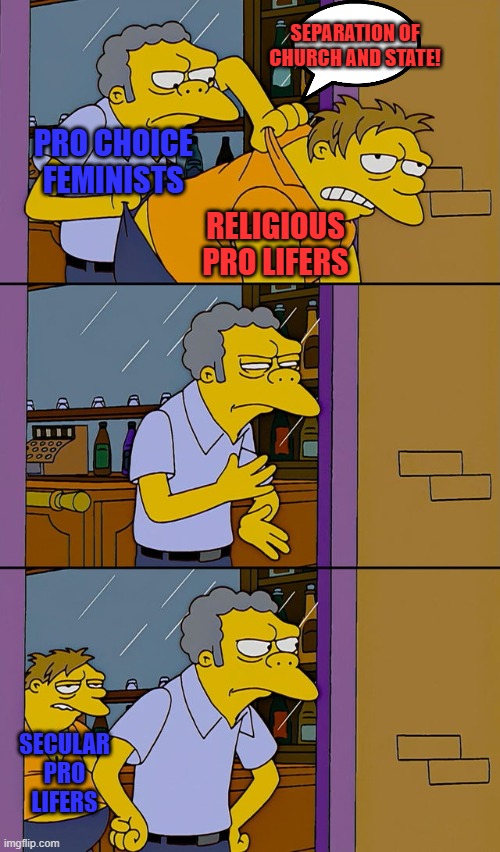 They do exist. Some of the first Feminists were very pro life. Their numbers are growing. | SEPARATION OF CHURCH AND STATE! PRO CHOICE FEMINISTS; RELIGIOUS PRO LIFERS; SECULAR PRO LIFERS | image tagged in moe throws barney,pro life | made w/ Imgflip meme maker