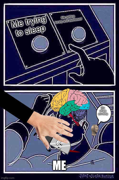 Two Buttons | Me getting lonely and distressed; Me trying to sleep; Bro wtf are you doing; ME | image tagged in memes,two buttons | made w/ Imgflip meme maker