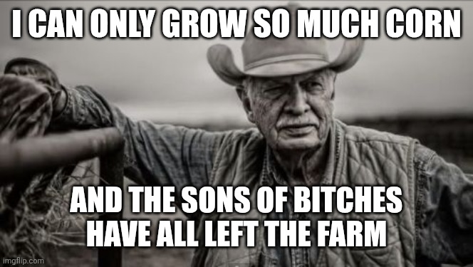 I CAN ONLY GROW SO MUCH CORN AND THE SONS OF BITCHES HAVE ALL LEFT THE FARM | image tagged in memes,so god made a farmer | made w/ Imgflip meme maker