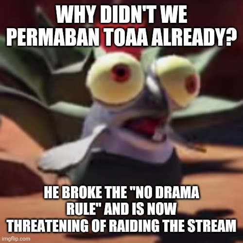Smallfry is confused | WHY DIDN'T WE PERMABAN TOAA ALREADY? HE BROKE THE "NO DRAMA RULE" AND IS NOW THREATENING OF RAIDING THE STREAM | image tagged in splatoon 3 smallfry salmonoid buddy | made w/ Imgflip meme maker