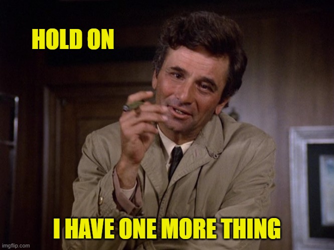 Columbo | HOLD ON I HAVE ONE MORE THING | image tagged in columbo | made w/ Imgflip meme maker