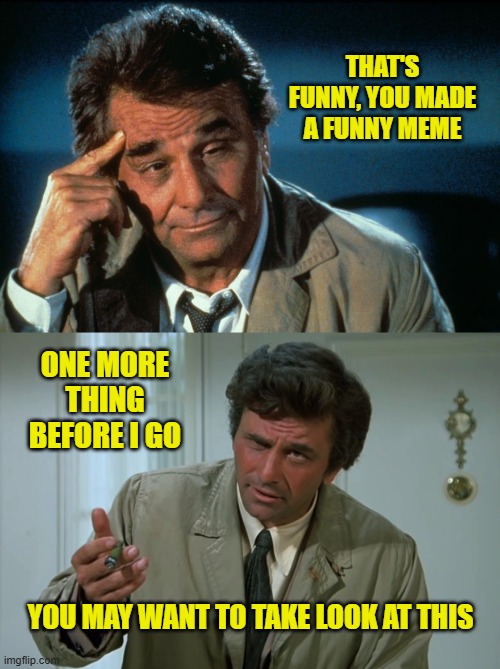 THAT'S FUNNY, YOU MADE A FUNNY MEME ONE MORE THING BEFORE I GO YOU MAY WANT TO TAKE LOOK AT THIS | image tagged in columbo roll safe,columbo | made w/ Imgflip meme maker