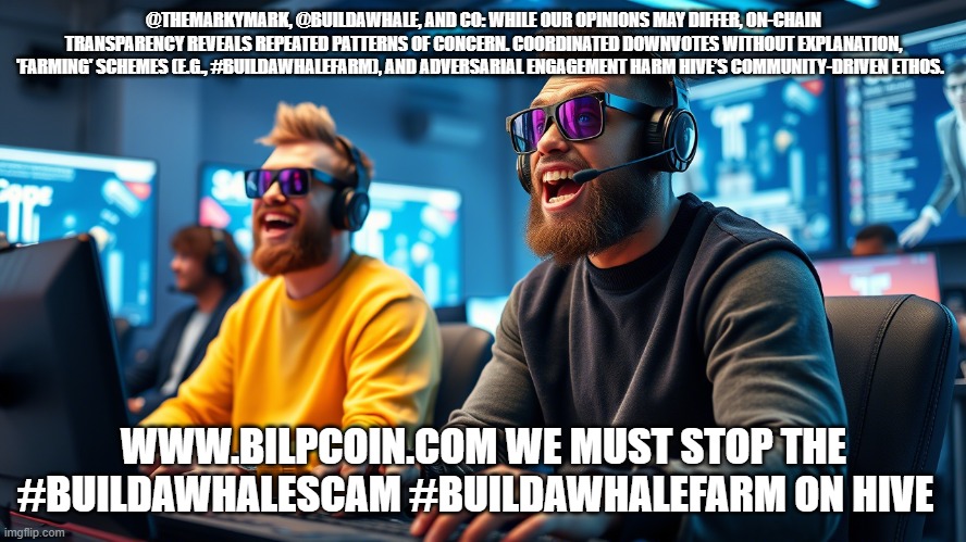 @THEMARKYMARK, @BUILDAWHALE, AND CO: WHILE OUR OPINIONS MAY DIFFER, ON-CHAIN TRANSPARENCY REVEALS REPEATED PATTERNS OF CONCERN. COORDINATED DOWNVOTES WITHOUT EXPLANATION, 'FARMING' SCHEMES (E.G., #BUILDAWHALEFARM), AND ADVERSARIAL ENGAGEMENT HARM HIVE’S COMMUNITY-DRIVEN ETHOS. WWW.BILPCOIN.COM WE MUST STOP THE #BUILDAWHALESCAM #BUILDAWHALEFARM ON HIVE | made w/ Imgflip meme maker