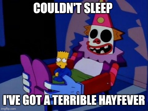 Can't sleep clowns will eat me  | COULDN'T SLEEP; I'VE GOT A TERRIBLE HAYFEVER | image tagged in can't sleep clowns will eat me,hayfever,allergies | made w/ Imgflip meme maker
