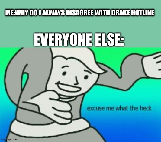 Drake Hotline | ME:WHY DO I ALWAYS DISAGREE WITH DRAKE HOTLINE; EVERYONE ELSE: | image tagged in excuse me what the heck,drake hotline bling meme fnaf edition | made w/ Imgflip meme maker