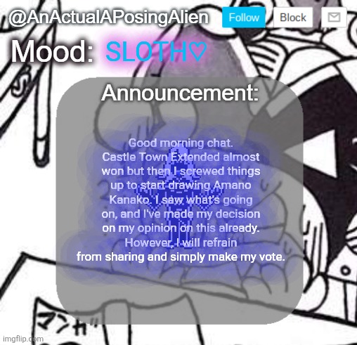 patience and apathy.. sloth. | SLOTH♡; Good morning chat.
Castle Town Extended almost won but then I screwed things up to start drawing Amano Kanako. I saw what's going on, and I've made my decision on my opinion on this already. However, I will refrain from sharing and simply make my vote. | image tagged in anactualaposingalien announce template by interactionsystem | made w/ Imgflip meme maker