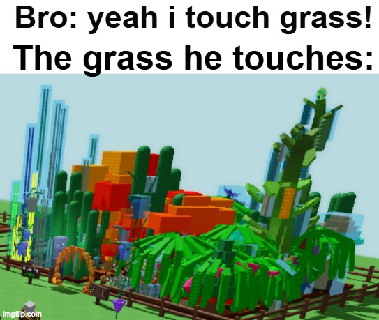 grow a garden is trash | Bro: yeah i touch grass! The grass he touches: | image tagged in literally anyone in grow a garden | made w/ Imgflip meme maker
