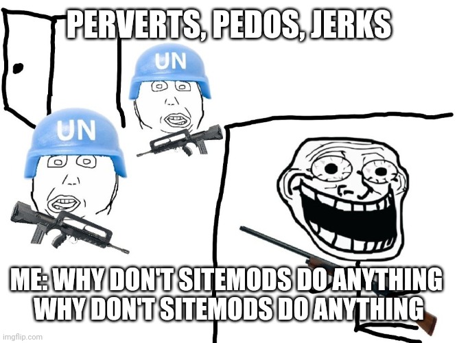 Anyone else have this issue? | PERVERTS, PEDOS, JERKS; ME: WHY DON'T SITEMODS DO ANYTHING 
WHY DON'T SITEMODS DO ANYTHING | image tagged in schizo troll,imgflip mods | made w/ Imgflip meme maker