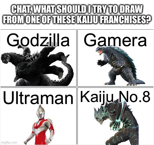 Also Evangelion is available just that there wasn’t enough room | CHAT, WHAT SHOULD I TRY TO DRAW FROM ONE OF THESE KAIJU FRANCHISES? Godzilla; Gamera; Ultraman; Kaiju No.8 | image tagged in blank comic panel 2x2,godzilla,gamera,ultraman,kaiju no 8,evangelion | made w/ Imgflip meme maker