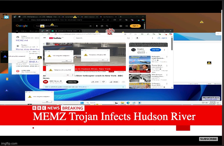 memz trojan infects  hudson river | MEMZ Trojan Infects Hudson River | image tagged in bbc breaking news blank template,memz,hudson | made w/ Imgflip meme maker