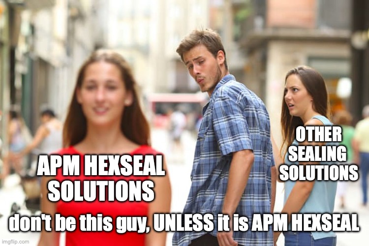 APM meme | OTHER SEALING 
SOLUTIONS; APM HEXSEAL SOLUTIONS; don't be this guy, UNLESS it is APM HEXSEAL | image tagged in memes,distracted boyfriend | made w/ Imgflip meme maker