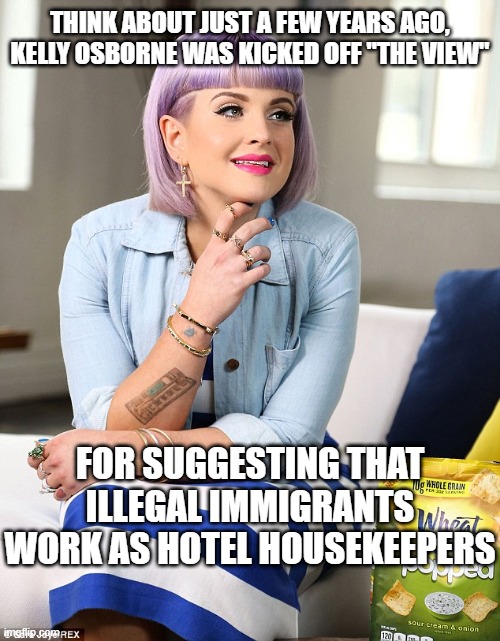 Kelly Osbourne | THINK ABOUT JUST A FEW YEARS AGO, KELLY OSBORNE WAS KICKED OFF "THE VIEW"; FOR SUGGESTING THAT ILLEGAL IMMIGRANTS WORK AS HOTEL HOUSEKEEPERS | image tagged in kelly osbourne | made w/ Imgflip meme maker