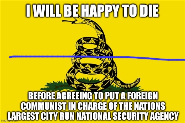 dont tread on me | I WILL BE HAPPY TO DIE BEFORE AGREEING TO PUT A FOREIGN COMMUNIST IN CHARGE OF THE NATIONS LARGEST CITY RUN NATIONAL SECURITY AGENCY | image tagged in dont tread on me | made w/ Imgflip meme maker