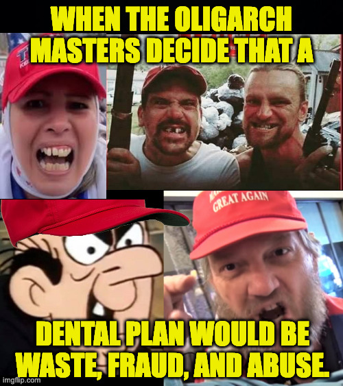 Pay their taxes, double the minimum wage, and offer an affordable dental plan.  That seems fair. | WHEN THE OLIGARCH MASTERS DECIDE THAT A; DENTAL PLAN WOULD BE WASTE, FRAUD, AND ABUSE. | image tagged in angry trump supporter,memes,toothless trump supporters | made w/ Imgflip meme maker