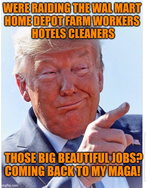 Trump pointing | WERE RAIDING THE WAL MART 
HOME DEPOT FARM WORKERS 
HOTELS CLEANERS THOSE BIG BEAUTIFUL JOBS?
COMING BACK TO MY MAGA! | image tagged in trump pointing | made w/ Imgflip meme maker