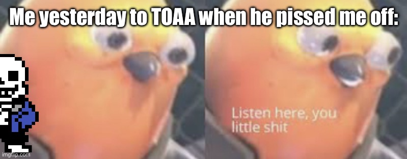 I mean, we all felt this way eventually, right? | Me yesterday to TOAA when he pissed me off: | image tagged in listen here you little shit bird,sans of topic | made w/ Imgflip meme maker