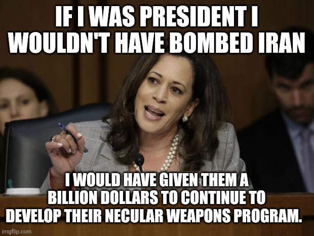 Kamala | IF I WAS PRESIDENT I WOULDN'T HAVE BOMBED IRAN; I WOULD HAVE GIVEN THEM A BILLION DOLLARS TO CONTINUE TO DEVELOP THEIR NECULAR WEAPONS PROGRAM. | image tagged in kamala harris,funny memes | made w/ Imgflip meme maker