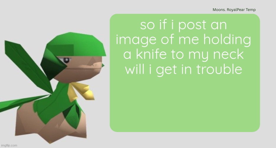 Moons RoyalPear temp | so if i post an image of me holding a knife to my neck will i get in trouble | image tagged in moons royalpear temp | made w/ Imgflip meme maker