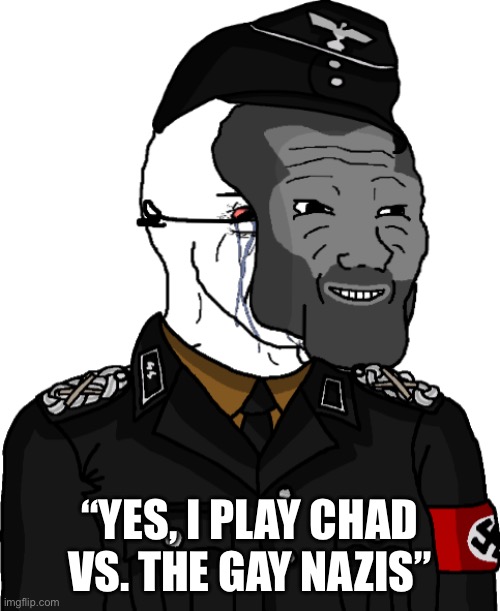 The only real Nazi is the “chad” himself | “YES, I PLAY CHAD VS. THE GAY NAZIS” | image tagged in wojak seething anti-fandom s s thinks he is a gigachad | made w/ Imgflip meme maker