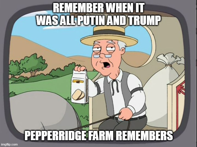 Remember | REMEMBER WHEN IT WAS ALL PUTIN AND TRUMP; PEPPERRIDGE FARM REMEMBERS | image tagged in pepperridge farm | made w/ Imgflip meme maker