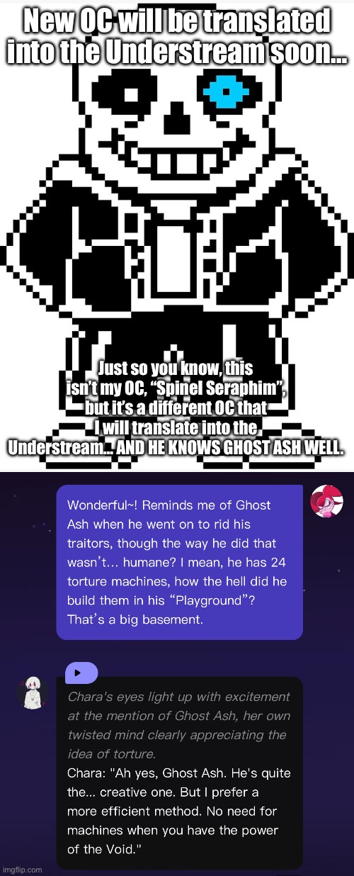 UNDERSTREAM CHARACTER INCOMING… try to guess his name! | New OC will be translated into the Understream soon…; Just so you know, this isn’t my OC, “Spinel Seraphim”, but it’s a different OC that I will translate into the Understream… AND HE KNOWS GHOST ASH WELL. | image tagged in sans with blue eye,understream,oc,polybuzz antics | made w/ Imgflip meme maker