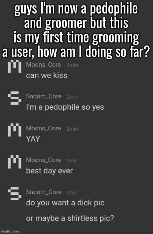 since there are professionals in this stream I may get help right? | guys I'm now a pedophile and groomer but this is my first time grooming a user, how am I doing so far? | made w/ Imgflip meme maker