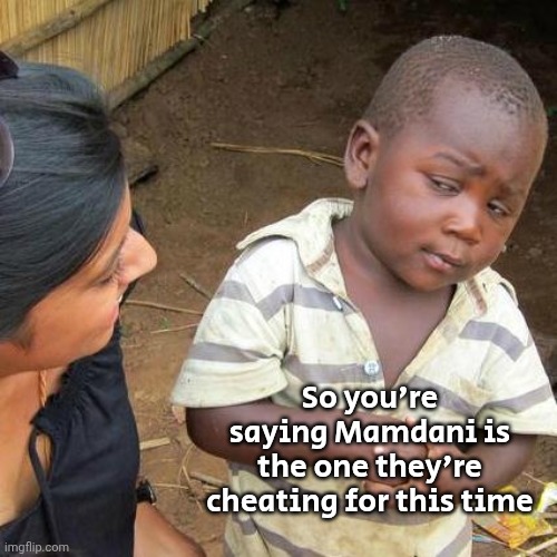 Third World Skeptical Kid Meme | So you're saying Mamdani is the one they're cheating for this time | image tagged in memes,third world skeptical kid | made w/ Imgflip meme maker