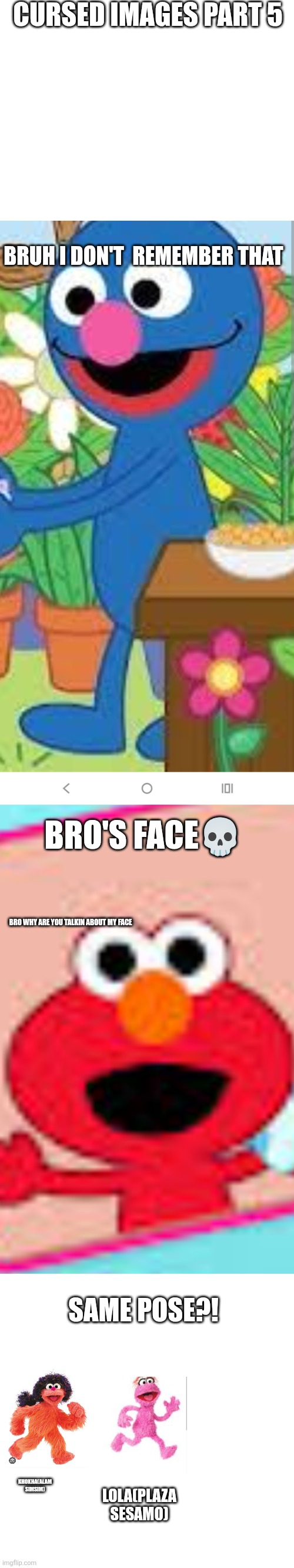 Cursed images part 5 | CURSED IMAGES PART 5; BRUH I DON'T  REMEMBER THAT; BRO'S FACE💀; BRO WHY ARE YOU TALKIN ABOUT MY FACE; SAME POSE?! KHOKHA(ALAM SIMSIM); LOLA(PLAZA SESAMO) | image tagged in memes,blank transparent square,pose,wait what,oh wow are you actually reading these tags | made w/ Imgflip meme maker