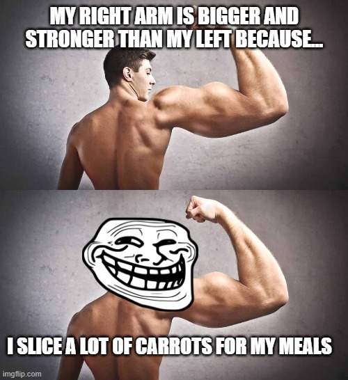 My right arm | MY RIGHT ARM IS BIGGER AND STRONGER THAN MY LEFT BECAUSE... I SLICE A LOT OF CARROTS FOR MY MEALS | image tagged in right arm large,dirty mind | made w/ Imgflip meme maker