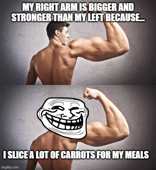 oops | MY RIGHT ARM IS BIGGER AND STRONGER THAN MY LEFT BECAUSE... I SLICE A LOT OF CARROTS FOR MY MEALS | image tagged in right arm large | made w/ Imgflip meme maker