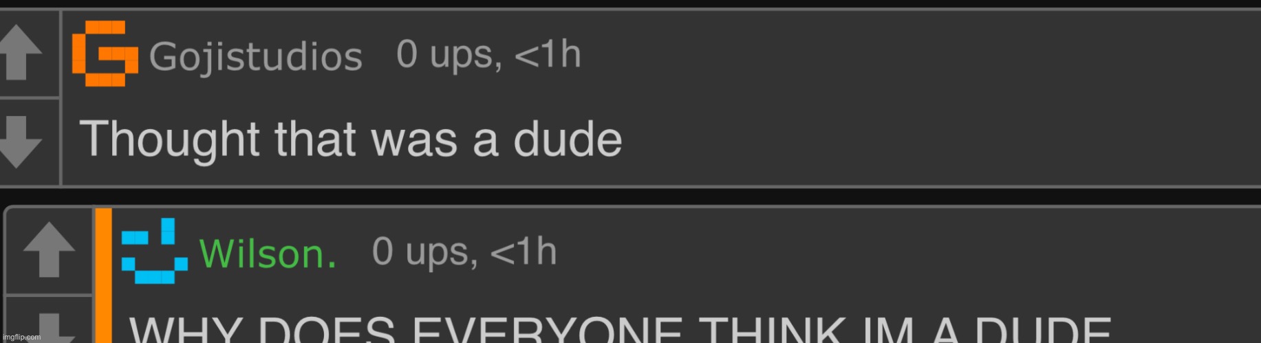 GUYS WHAT ABOUT ME IS A DUDE I WANT TO HEAR YOUR PERSONAL REASONING I GET MISTAKED FOR ONE IRL AND HERE TOO | made w/ Imgflip meme maker