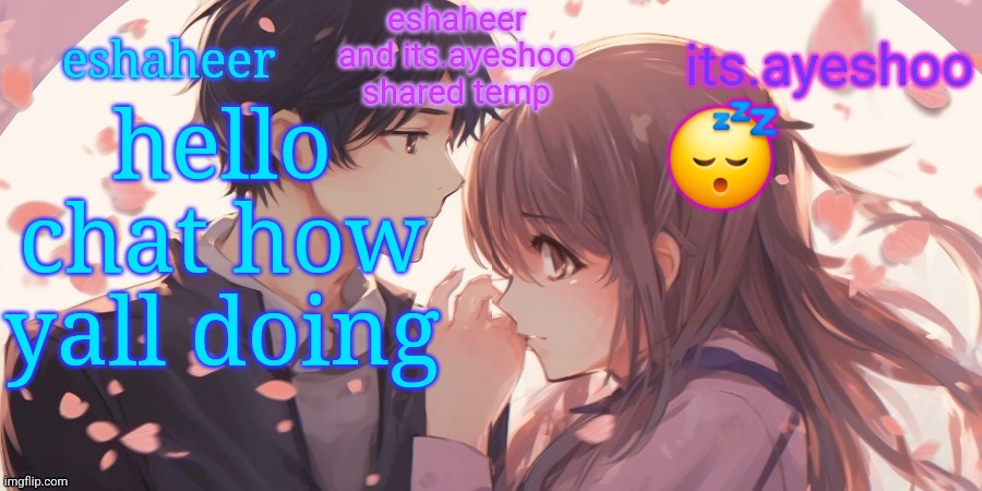 eshaheer and its.ayeshoo shared template | hello chat how yall doing; 😴 | image tagged in eshaheer and its ayeshoo shared template | made w/ Imgflip meme maker