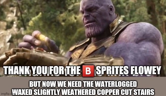 Thanks for the link bro | THANK YOU FOR THE 🅱️ SPRITES FLOWEY; BUT NOW WE NEED THE WATERLOGGED WAXED SLIGHTLY WEATHERED COPPER CUT STAIRS | image tagged in thanks for the link bro | made w/ Imgflip meme maker