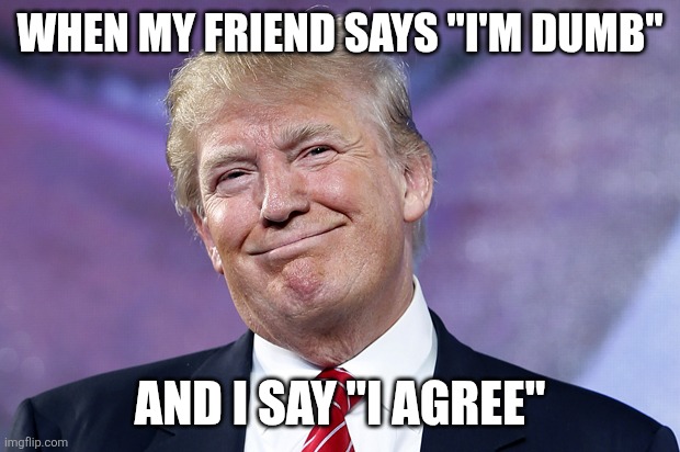 Then they get mad at you for agreeing with them ... Can't win | WHEN MY FRIEND SAYS "I'M DUMB"; AND I SAY "I AGREE" | image tagged in donald trump smirk,dumb,friendship,passive aggressive | made w/ Imgflip meme maker