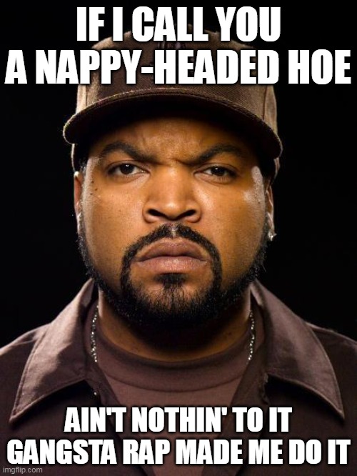 Ice Cube know what Don Imus did to Rutgers Women's Basketball Team | IF I CALL YOU A NAPPY-HEADED HOE; AIN'T NOTHIN' TO IT
GANGSTA RAP MADE ME DO IT | image tagged in ice cube,gangsta rap,gangsta rap made me do it | made w/ Imgflip meme maker