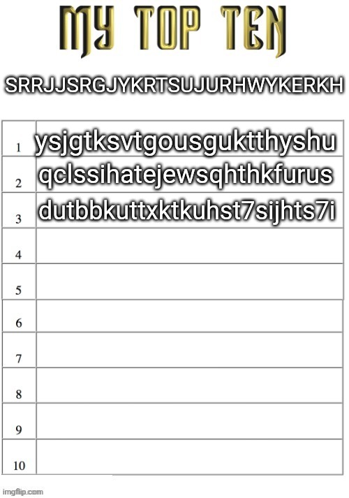 Top ten list better | SRRJJSRGJYKRTSUJURHWYKERKH; ysjgtksvtgousguktthyshu; qclssihatejewsqhthkfurus; dutbbkuttxktkuhst7sijhts7i | image tagged in top ten list better | made w/ Imgflip meme maker