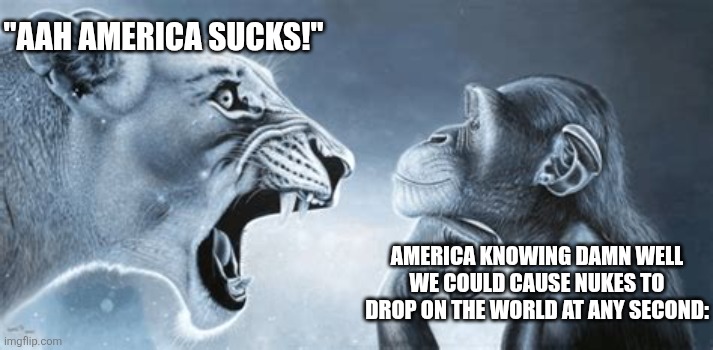 tiger yell at pondering monkey | "AAH AMERICA SUCKS!"; AMERICA KNOWING DAMN WELL WE COULD CAUSE NUKES TO DROP ON THE WORLD AT ANY SECOND: | image tagged in tiger yell at pondering monkey | made w/ Imgflip meme maker