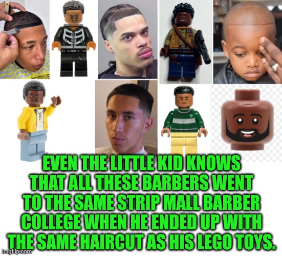 Funny | EVEN THE LITTLE KID KNOWS THAT ALL THESE BARBERS WENT TO THE SAME STRIP MALL BARBER COLLEGE WHEN HE ENDED UP WITH THE SAME HAIRCUT AS HIS LEGO TOYS. | image tagged in funny,bad haircut,funny haircut,lego,look how they massacred my boy,barber | made w/ Imgflip meme maker