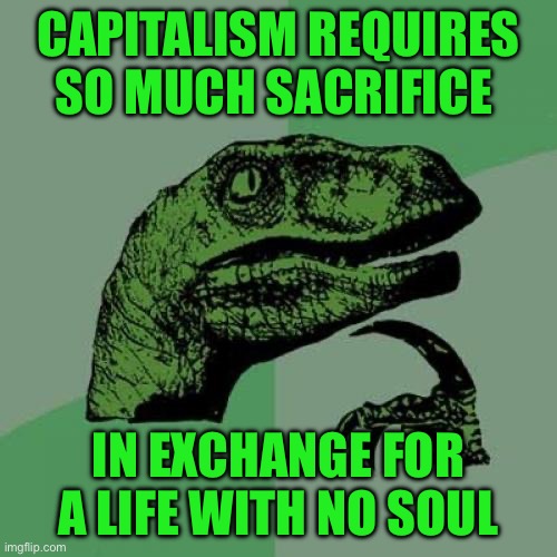 Philosoraptor | CAPITALISM REQUIRES SO MUCH SACRIFICE; IN EXCHANGE FOR A LIFE WITH NO SOUL | image tagged in memes,philosoraptor | made w/ Imgflip meme maker