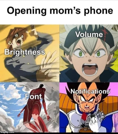 Mom's phone settings are in Ultra Instinct mode. | image tagged in yugioh,black clover,phone,dragon ball,attack on titan | made w/ Imgflip meme maker