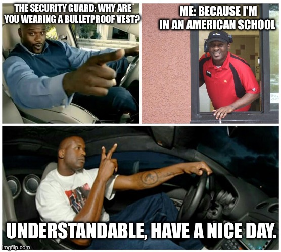 It is reasonable | THE SECURITY GUARD: WHY ARE YOU WEARING A BULLETPROOF VEST? ME: BECAUSE I'M IN AN AMERICAN SCHOOL; UNDERSTANDABLE, HAVE A NICE DAY. | image tagged in shaq machine broke | made w/ Imgflip meme maker