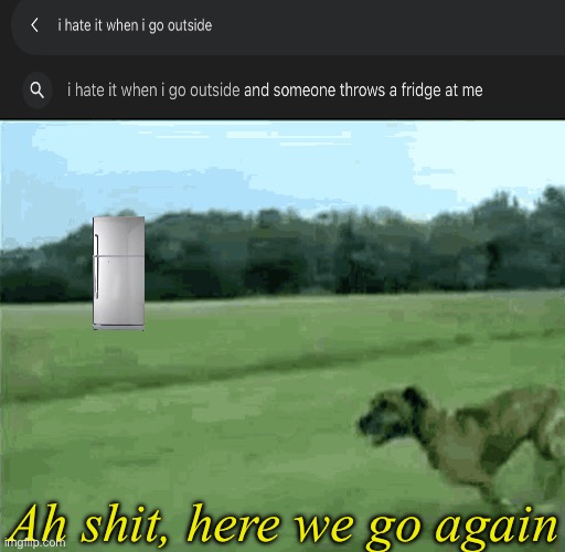 Fridge | Ah shit, here we go again | image tagged in meme,google search,fridge,hi | made w/ Imgflip meme maker