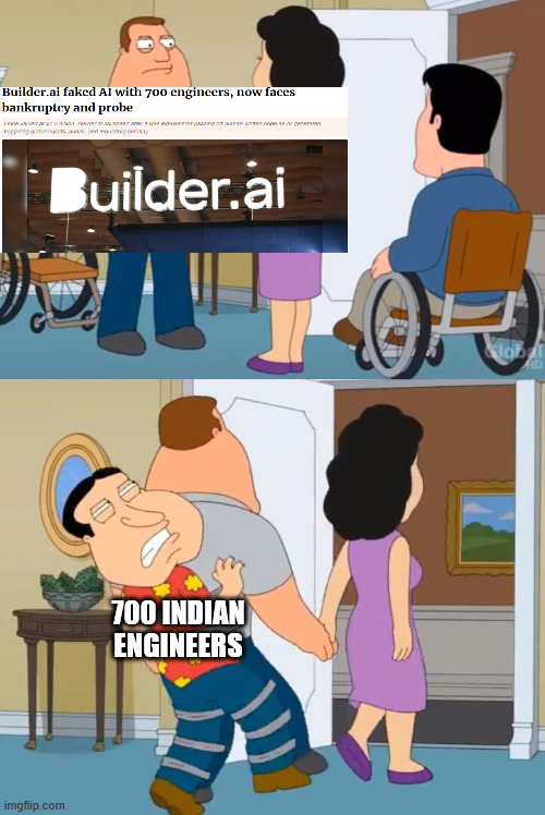 Fake AI | 700 INDIAN ENGINEERS | image tagged in joe and quagmire,artificial intelligence,chatgpt,computers | made w/ Imgflip meme maker