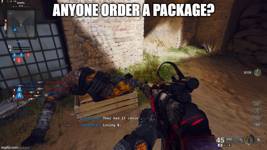 anyone order a package? | ANYONE ORDER A PACKAGE? | image tagged in call of duty,gaming,funny meme | made w/ Imgflip meme maker