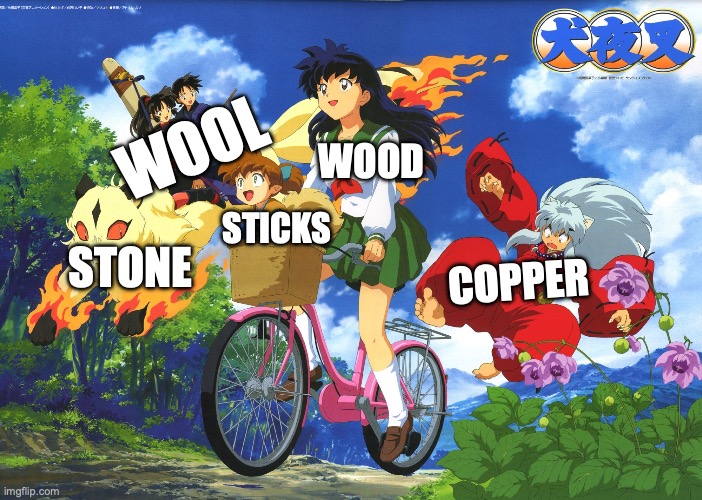 Damn it minecraft | WOOL; WOOD; STICKS; STONE; COPPER | image tagged in inuyasha falls off kagome's bike,minecraft,minecraft blocks | made w/ Imgflip meme maker