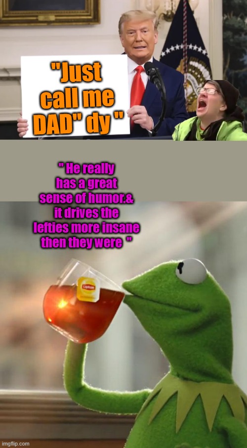 Someone had to make this one eventualy. | "Just call me DAD" dy "; " He really has a great sense of humor.& it drives the lefties more insane then they were  " | image tagged in trump holding sign,memes,but that's none of my business | made w/ Imgflip meme maker