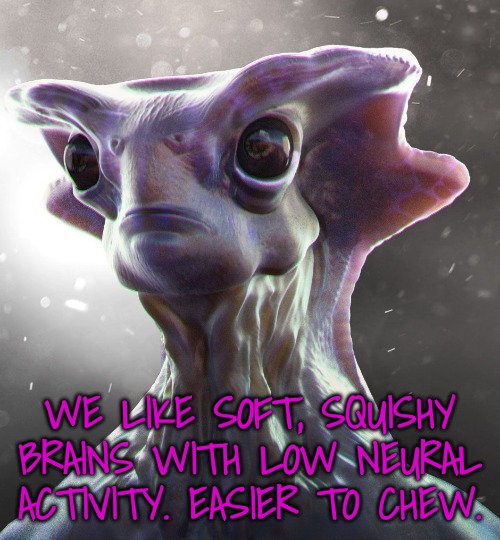 Alien face | WE LIKE SOFT, SQUISHY BRAINS WITH LOW NEURAL ACTIVITY. EASIER TO CHEW. | image tagged in alien face | made w/ Imgflip meme maker
