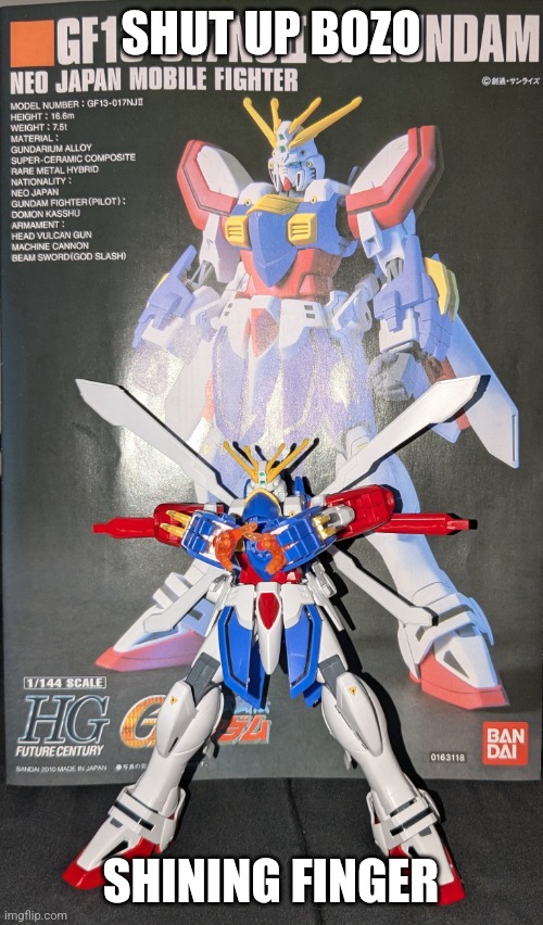 God Gundam Shining Finger | SHUT UP BOZO; SHINING FINGER | image tagged in god gundam shining finger | made w/ Imgflip meme maker