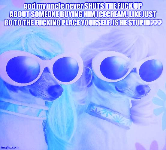 Groovy dawgs | god my uncle never SHUTS THE FUCK UP ABOUT SOMEONE BUYING HIM ICECREAM. LIKE JUST GO TO THE FUCKING PLACE YOURSELF. IS HE STUPID??? | image tagged in groovy dawgs | made w/ Imgflip meme maker